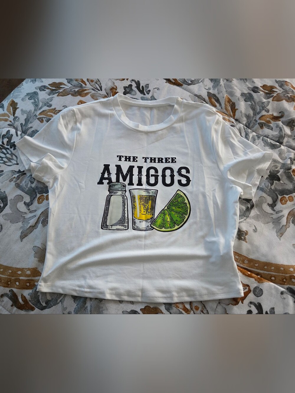 SHEIN White 'The Three Amigos' Graphic Crop Tee with Lime Accent